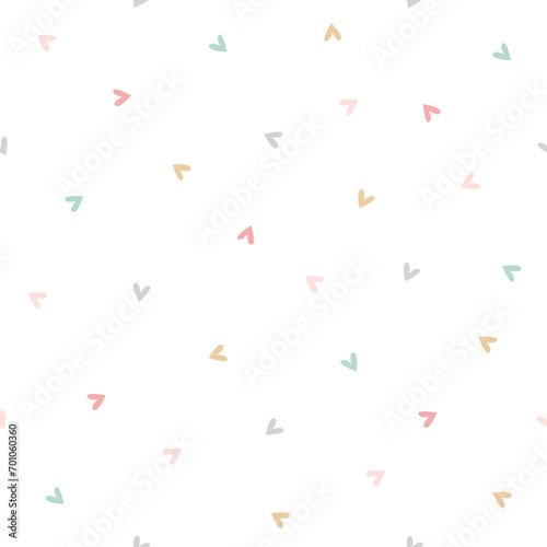 Cute pastel hearts seamless pattern on white background. Cute design for Valentines Day greeting card, scrapbooking, paper goods, background, wallpaper, wrapping, fabric and more. Vector Illustration