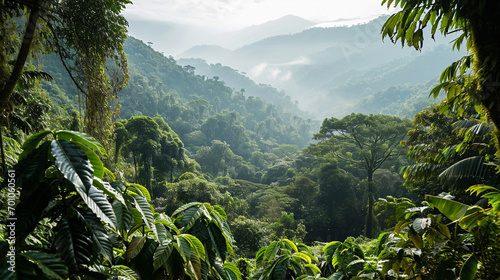 Coffee growers in harmony with rainforest habitat, AI Generated