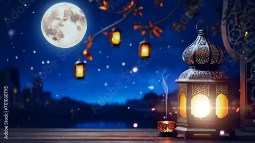 Ramadan decoration with arabic lantern and candle illuminates in the night. Seamless Animation 4K Video Background.