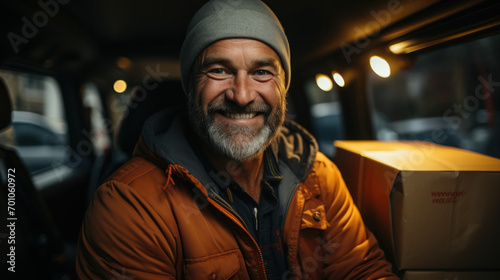 A smiling delivery man delivers packages by car