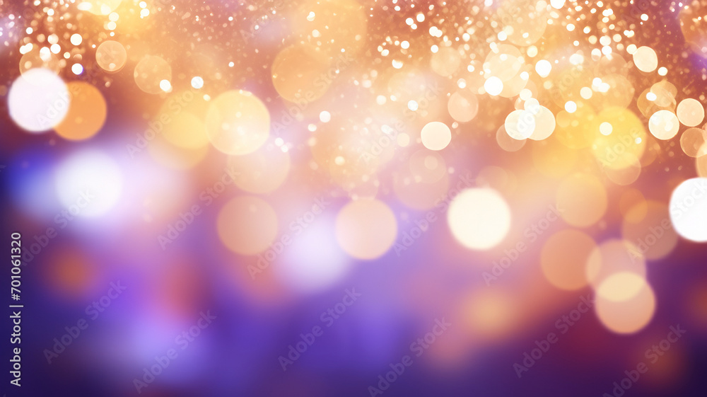 Fototapeta premium purple and yellow bokeh, raining light, blurry lights, blurry background, gold confettis on a black background, colorful, night lights, city lights, haze, depth of field, round bokeh, circle bokeh 