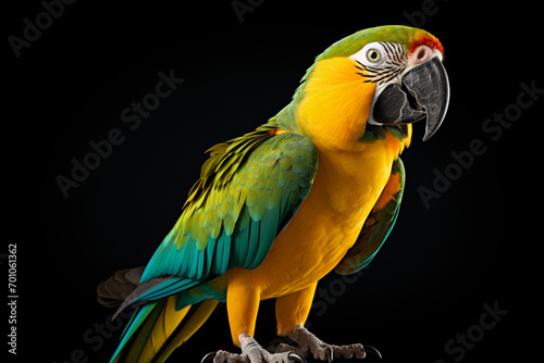 Colorful Parrot standing on a black background. Animal side portrait.	 photo