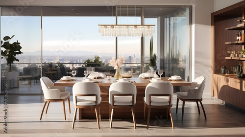 Modern luxury dining room featuring a custom-designed table  designer chairs  and an abundance of natural light