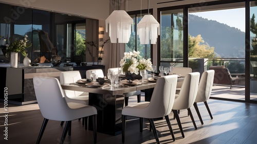 Modern luxury dining room featuring a custom-designed table  designer chairs  and an abundance of natural light