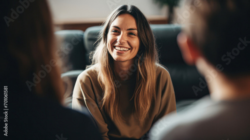 Professional therapists conduct an open group session and a comforting smile, emphasizing the importance of mental health and counseling. photo