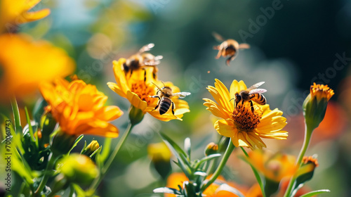 Honeybees buzzing around flowers in local community garden  AI Generated