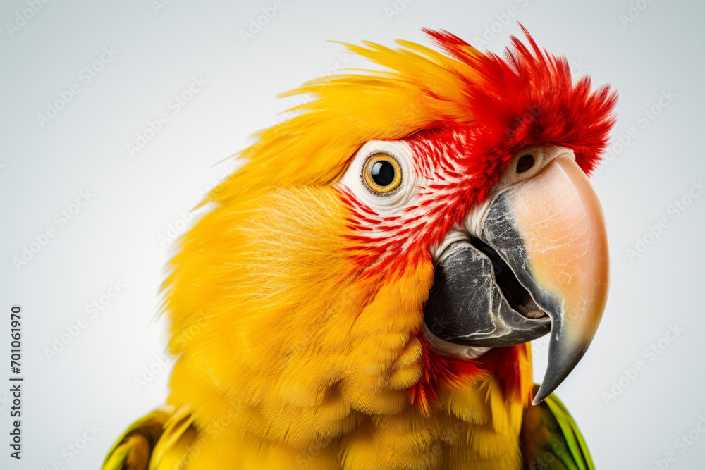 Obraz premium Colorful Parrot close-up portrait on a white background. 