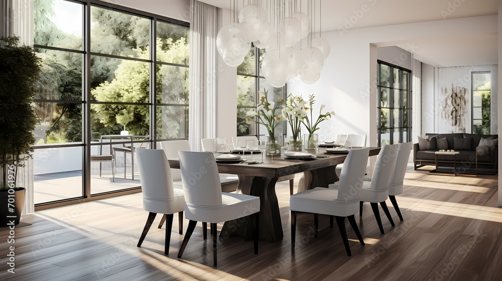 Modern luxury dining room featuring a custom-designed table, designer chairs, and an abundance of natural light