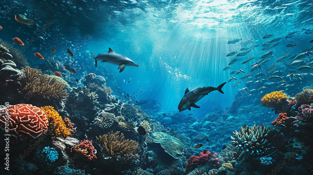 Obraz na płótnie Marine wildlife prospering in clean ocean, AI Generated w salonie