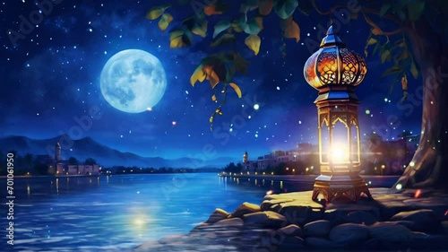 Ramadan decoration with arabic lantern and candle illuminates in the night on the edge of the lake. Seamless Animation 4K Video Background.