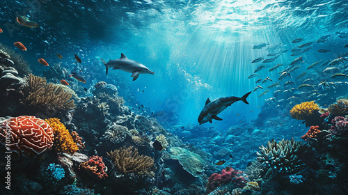 Marine wildlife prospering in clean ocean, AI Generated photo
