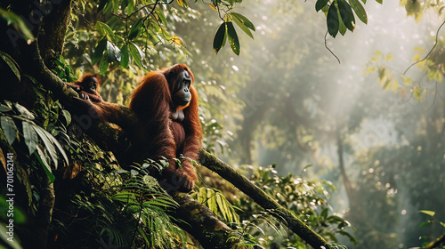Orangutans in lush and expansive reserved forest, AI Generated photo
