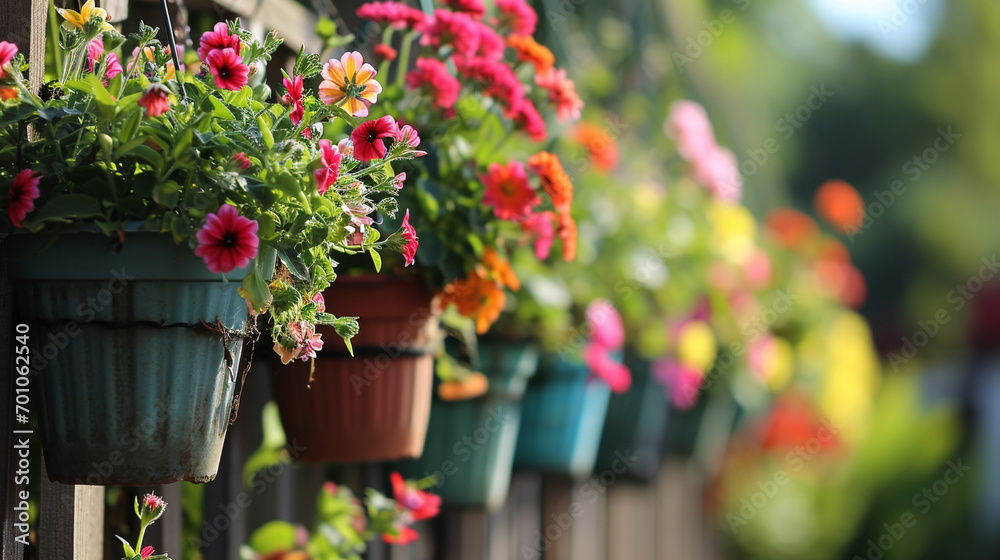 Pots of colorful flowers hanging from community garden trellis, AI Generated