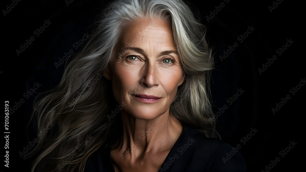 Beautiful 50s mid aged mature woman looking at camera isolated on black background. old lady close up portrait. Healthy face skin care beauty, middle age skincare cosmetics, cosmetology. Generative ai