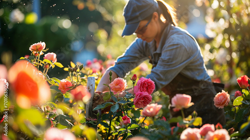 Volunteer pruning roses in peaceful community garden, AI Generated photo