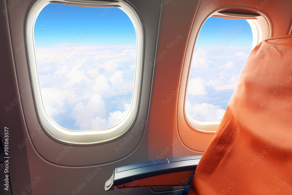 Comfortable airplane seats and a view of the blue sky and clouds