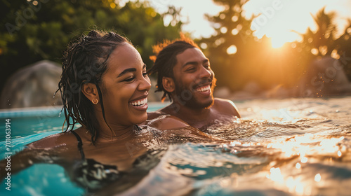 Happy young and beautiful black couple laughing and hugging in the water at sunshine. vacation and tourism picture for websites and advertising photo