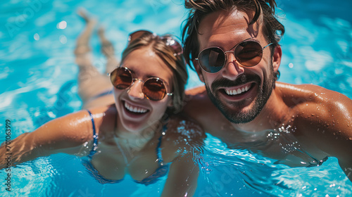 Happy young and beautiful couple wearing sunglasses, laughing and hugging in the water at sunshine. vacation and tourism picture for websites and advertising