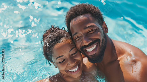 Happy young and beautiful black couple laughing and hugging in the water at sunshine. vacation and tourism picture for websites and advertising