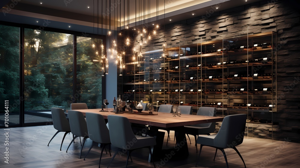 Modern luxury dining space with a sleek glass table, designer chairs, and a floor-to-ceiling wine wall as a focal point