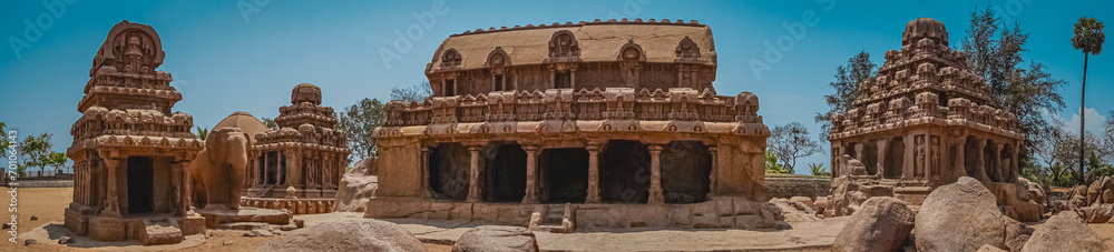 Panoramic view of Five Rathas are UNESCO's World Heritage Site located at Great South Indian architecture, Tamil Nadu, Mamallapuram, or Mahabalipuram.