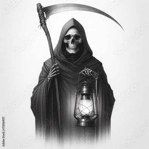 the grim reaper with a scythe, portrait of the death on white background. photo