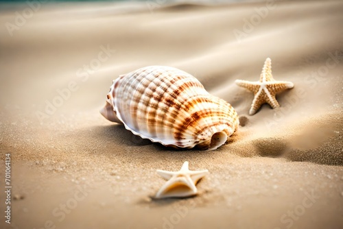 A seashell resting on a sandy beach. © V.fang