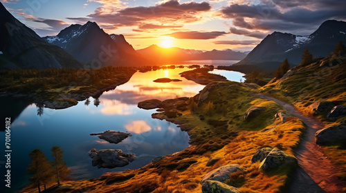 Serene sunset illuminates a mountainous landscape, reflecting off a tranquil lake beside a winding, golden grass-covered path.