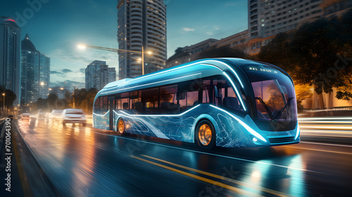 electric bus on the city highway, sport car, realistic, ultra HD, detailed, 8k © Altair Studio