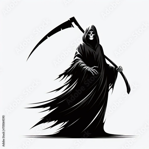 The image of death in black clothes with a scythe in his hands, a black hood. Grim reaper in white background. Depression, despondency, fear, fright, mysticism.