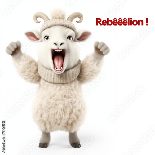 Ram in rebellion with French pun using the sound baa, rebel cute cartoon comic animal protesting, disagreeing and rising up against the king, the leader, the wolf, the shepherd or the manager photo