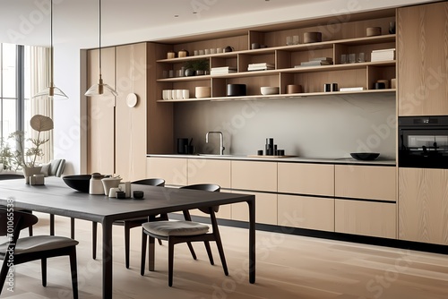 Modern mid-century Copenhagen kitchen  blending functional design with elegant aesthetics and organic materials