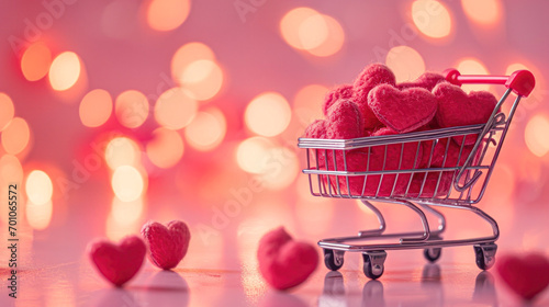 Valentine's Day online Shopping. Shopping cart with hearts on a pink background. Romantic shopping for wedding, women's day, buying gifts Valentine Day for lovers. Seasonal Holiday sale.