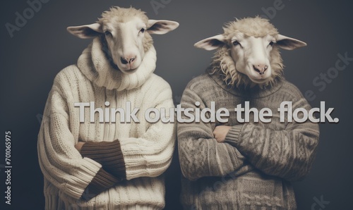 Two adorable anthropomorphic sheep wearing wool sweater standing with folded arms, beautiful, funny, original satirical illustration with fun pun English humour text message Think outside the flock, photo