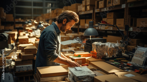 A man packs parcels in a warehouse