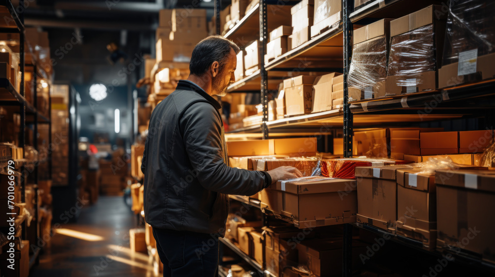 A man packs parcels in a warehouse
