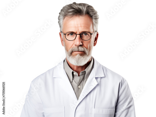 serious mature doctor with glasses and white coat isolated on transparent background