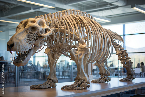 The reconstructed skeletal structure of a giant ground sloth  highlighting the megafauna that once roamed the Earth. Generative Ai.