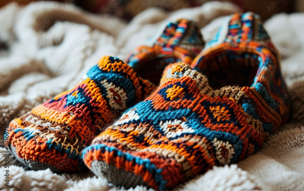 Knitted woolen socks on a wooden background. Selective focus