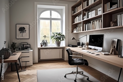 Modern mid-century home office in Copenhagen with a sleek desk  comfortable seating  and a focus on productivity