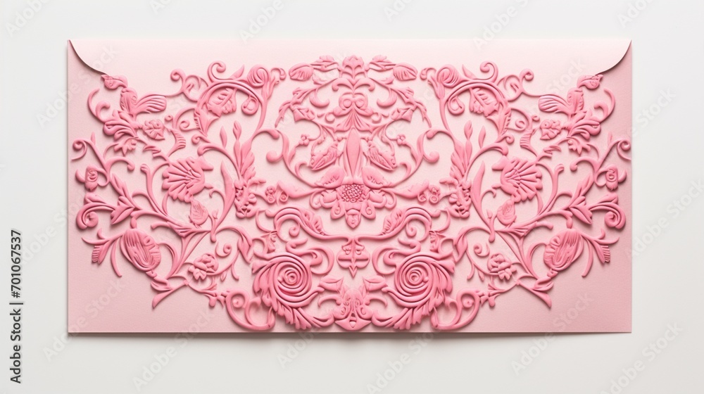 A pink invitation card with intricate details captured in high ...