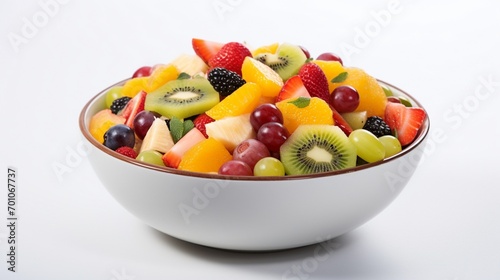 a refreshing fruit salad, featuring an assortment of juicy fruits against a clean white background, inviting a healthy and delightful experience.