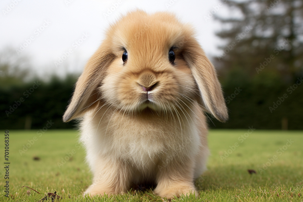 Fototapeta premium Holland Lop Rabbit sitting in a natural environment, front portrait.