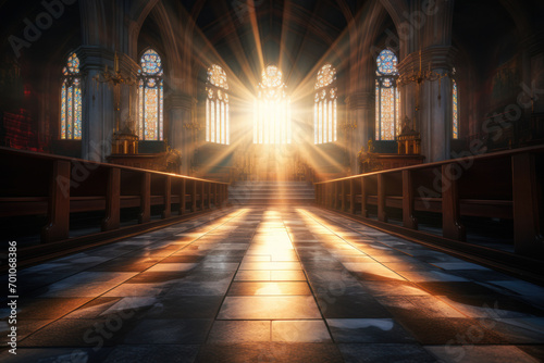 A quiet chapel with sunlight streaming through stained glass windows, creating an atmosphere of spiritual peace. Generative Ai.