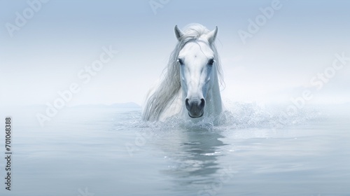 A serene moment frozen in time, a white horse immersed in the gentle ripples of water against a clean white background, the high-resolution image capturing the peaceful harmony of the scene.