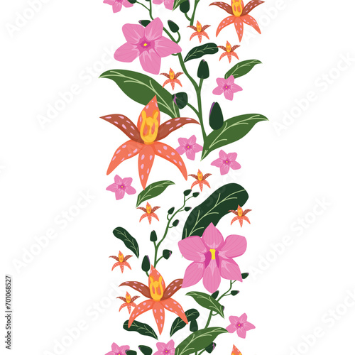 Vector seamless floral pattern with orchid flowers. Hand-drawn surface pattern illustration decorative background