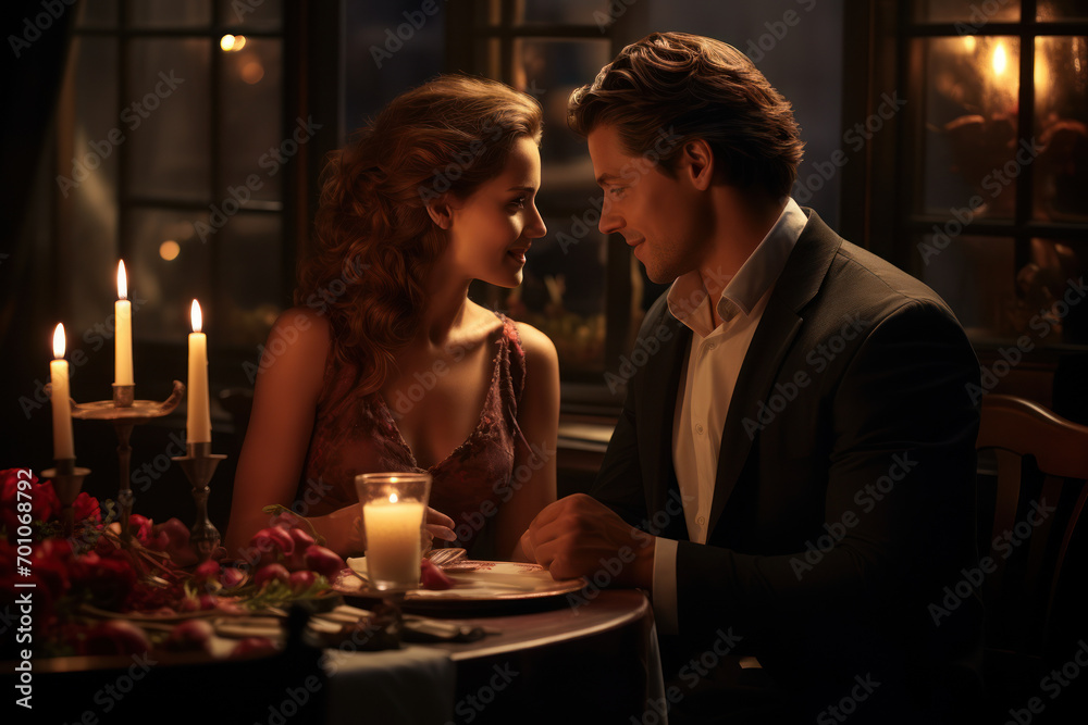 A candlelit dinner for two, the soft glow accentuating the intimate atmosphere as the couple engages in deep conversation. Concept of romantic connection. Generative Ai.
