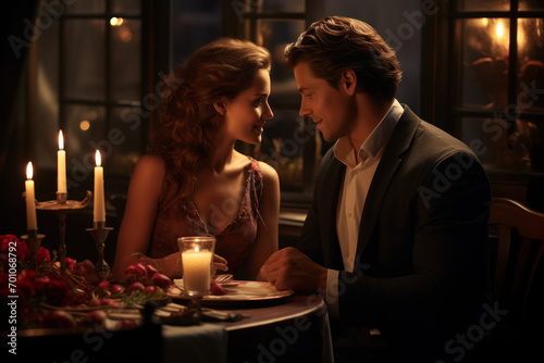 A candlelit dinner for two  the soft glow accentuating the intimate atmosphere as the couple engages in deep conversation. Concept of romantic connection. Generative Ai.