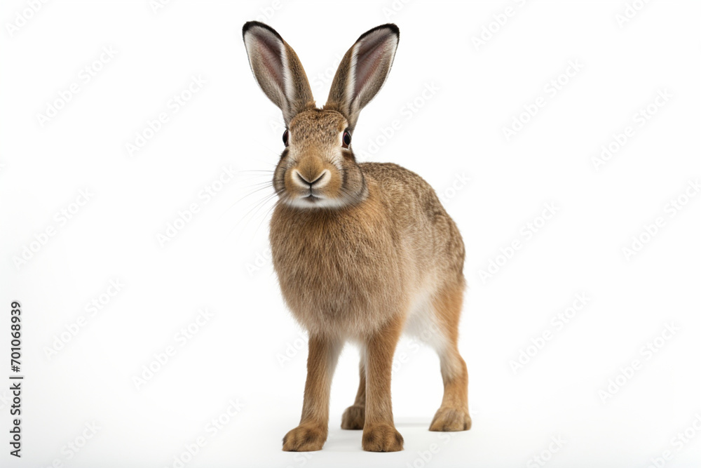 Mountain Hare standing on a white background. Animal front portrait. Mountain Hare standing on a white background. Animal front portrait.