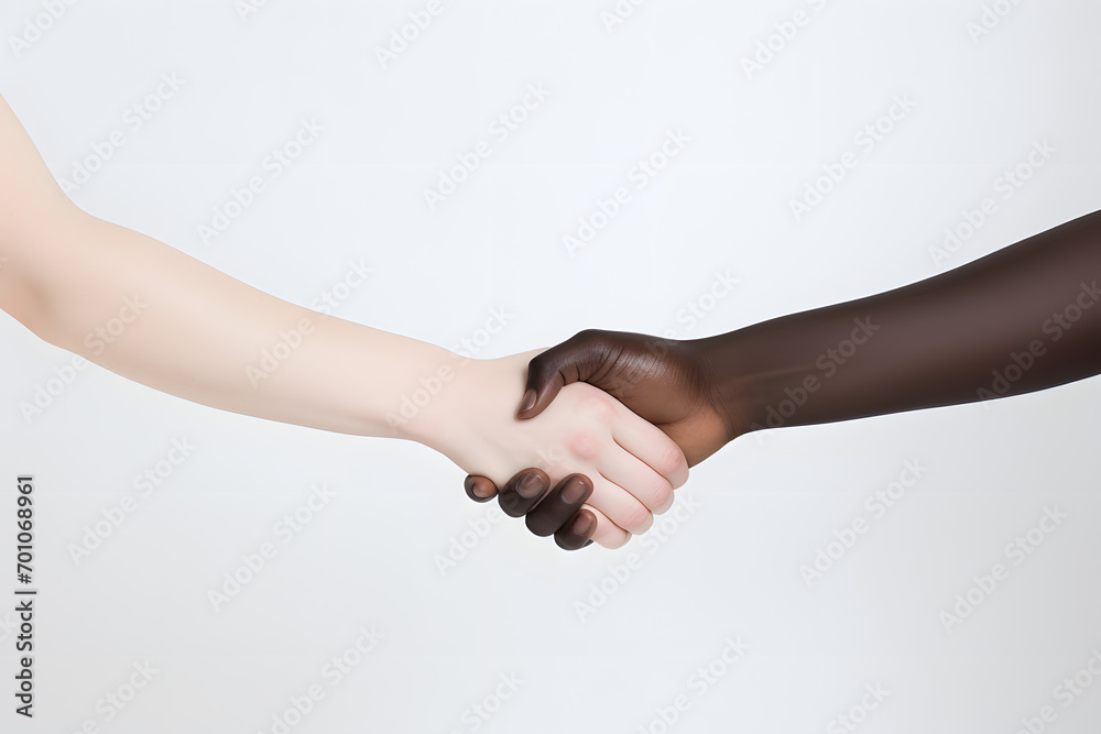 two diverse people shaking hands, people with different skin tones shaking hands, no racism, together